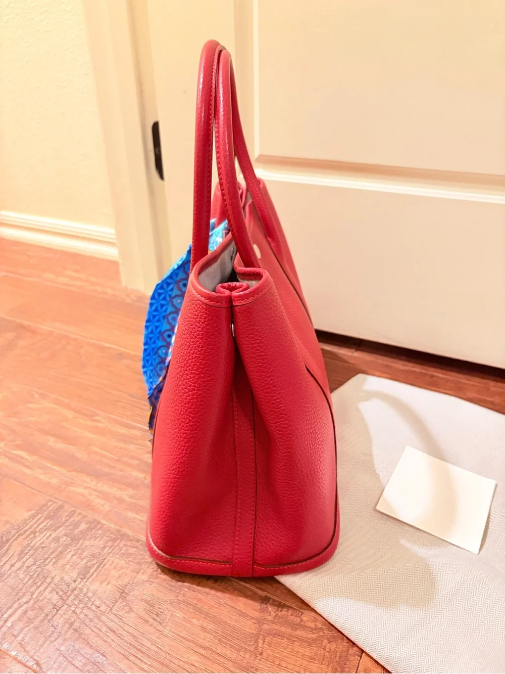 Hermes Red Leather Tote with Blue Patterned Twilly